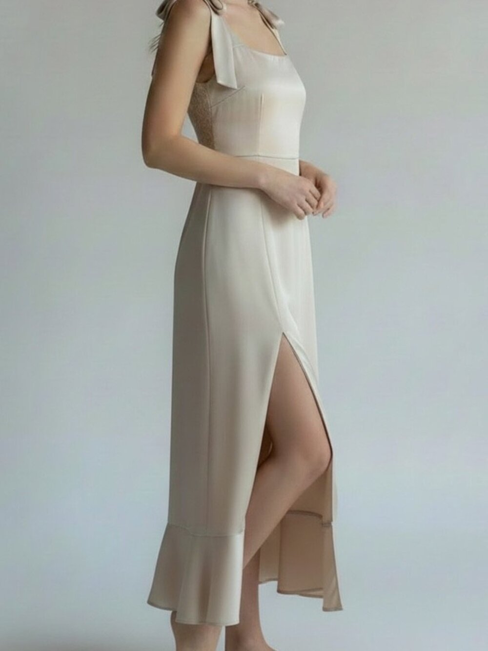 Show Me Your Mumu Champagne Luxe Satin Garden Midi Dress Slit Tie Shoulder M